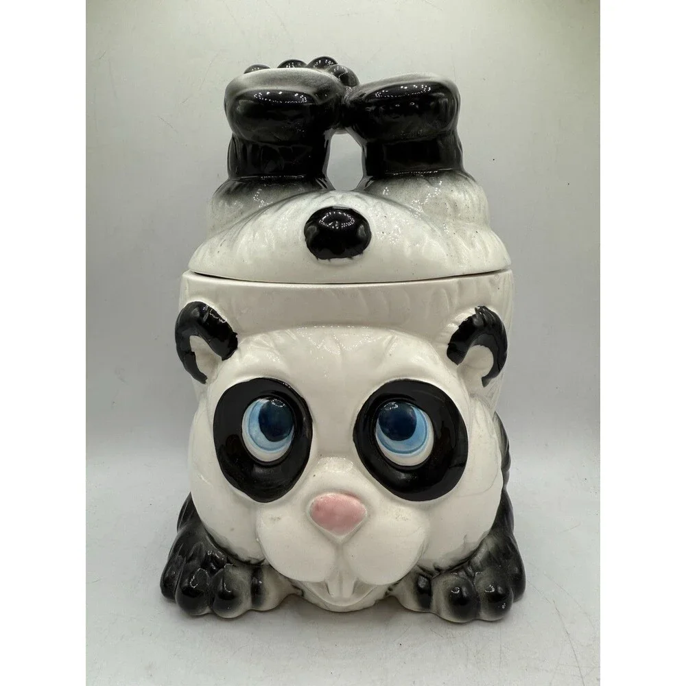 Vintage National Silver Japan Panda Bear Handstand Upside Down Cookie Jar